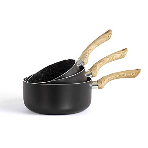 LIVOO MEP115 Set de 3 casseroles aspect pierre & bois, Noir/Marron