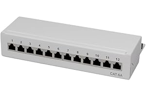 tsnetworks CAT.6a 12 Port Patchpanel/Patchfeld 12x vollgeschirmte RJ45 Buchsen 10GBit, Metallgehäuse lichtgrau, LSA + Schneidklemmen AWG22-26