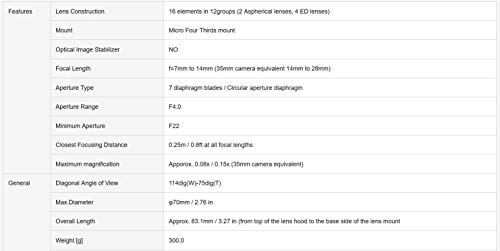 Más Barato Panasonic LUMIX H-F007014 - Objetivo Gran angular para
cámaras de montura M4/3 (Focal 7-14 mm, F4, lentes asféricas, MEGA
O.I.S), negro Revisión