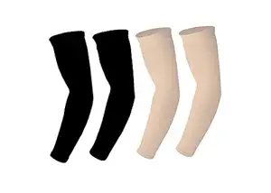 InnerStyle Cotton UV Protection Arm Sleeves/Hand Socks - Fingerless, Sun Protection Gloves for Men and Women (Black and Skin) Pack of 2