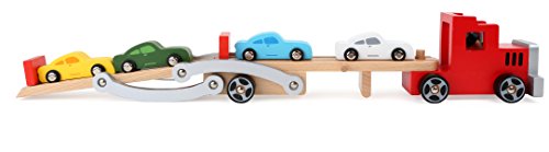 Autotransporter aus Holz mit beweglicher Laderampe, LKW mit abnehmbarem Anhänger und 4 bunten Autos, schult die Motorik und fördert die Kreativität - 3