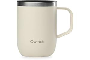QWETCH - Mug Isotherme Inox Recyclé avec Anse - Sable 350ml - Tasse Isotherme Café & Thé - 6h Chaud & 12h Froid - Bouchon Coulissant Anti-Éclaboussures & Compatible Infuseurs