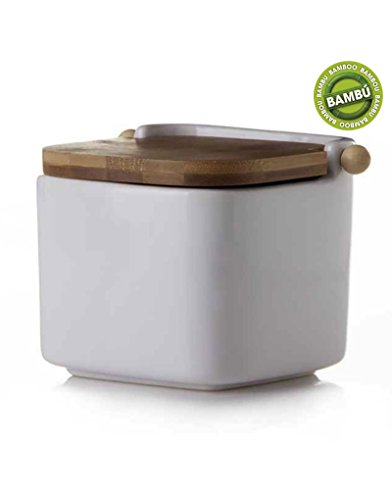 Salero cuadrado de cerámica blanco con tapa de bambú (12x12x10.5) de Home Line.