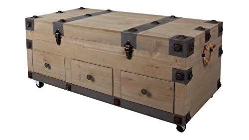 Lifestyle For Home Truhe aus Tannenholz Antik Vintage Couchtisch mit Stauraum Schubkästen rollbar