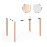 Mesa con tapa de cristal templado transparente grosor aproximado de 10 mm. Estructura rígida de metal hidrografiada y lacada color madera roble (oak), cuenta con tacos de plástico para no rayar el suelo.