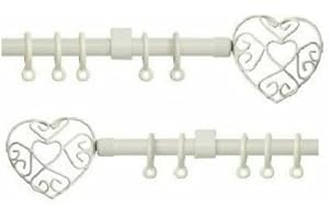 SALES TODAY INTERIROR 13-16mm Cream Extendable Metal Curtain Pole Set with Heart Style Finials Brackets & Rings (120cm - 210cm)