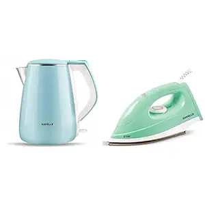 Havells Aqua Plus 1.2 litre Double Wall Kettle / 304 Stainless Steel Inner Body / Cool touch outer body / Wider mouth/ 2 Year warranty (Blue, 1500 Watt) & D'zire 1000-Watt Dry Iron (Mint)
