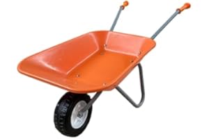 ASC - Brouette en métal pour enfants – Cadre en métal et plateau en plastique, poignées en caoutchouc, pneu résistant aux crevaisons, orange et gris – extérieur, éducatif, ferme, jouet de jardinage,
