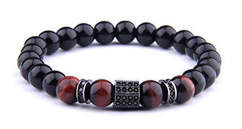 Wave Process Bracelet Pierres Naturelles Fashion il de Tigre Marque Française Homme & Femme 19cm (Argenté Rouge)