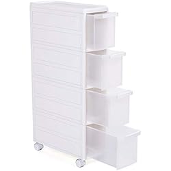 SONGMICS Meuble de Rangement sur roulettes Étagère d'appoint 4 étages Plastique PP Blanc Dimensions 18 x 46 x 84,5 cm (Largeur x Profondeur x Hauteur) KFR05W