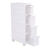 SONGMICS Meuble de Rangement sur roulettes Étagère d'appoint 4 étages Plastique PP Blanc Dimensions 18 x 46 x 84,5 cm (Largeur x Profondeur x Hauteur) KFR05W