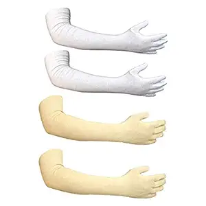 NVL Unisex Cotton Arm Sleeves for Summer and Sun Protection Full Hand Long Gloves for Bike Riding Men and Women Washable and Reusable Beige + White Color 2 Pair