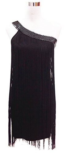 JustinCostume One Shoulder Seqiuns Swing Ombre Draping Tassel Dance Dress 1920s, Black