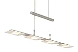 Die Produktabmessungen dieser Esszimmerlampe sind: 880 x 1750 mm (Breite x max. Höhe). Durch Eindrücken der beiden Punkte an dem die Kabel in den Metallbalken eingespeist werden, lässt sich dieser nach oben bzw. unten bewegen, um die Höhe der Leuchte zu verstellen.