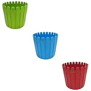 SKYCAP VIP Fence Plastic Flower Pot for Home Decor Indoor/Outdoor,Plant Container,gamla (12inch,Green-Blue-Red,Pack of 3)