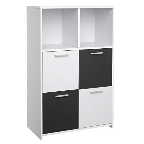 VASAGLE Bibliothèque, Meuble de Rangement avec 6 Compartiments, 4 Portes, Style Moderne, Blanc et Gris LBC28WG