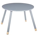 Esta mesa redonda de madera para niños es de color gris.