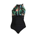 XuxMim Frauen Einteiler Blume Print Schlüsselloch Mesh Halfter Plunge Geraffte Monokini Bademode(Schwarz,Small)