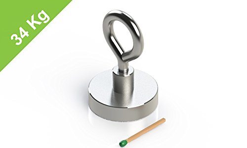 Topfmagnet mit Öse, D=32 mm, H=8 mm, vernickelt, Grade N38, Gewinde M4