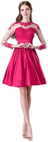 Chuanyi Women's Lace Beaded Short Prom Dress With Long Sleeves (12, Fuschia)