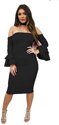Glamzam Scarlett Ruffle Frill Sleeve Boho Peasant Bodycon Midi Dress Black 14