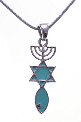 Messianic Seal Necklace - Rhodium Plated Brass Turquoise Pendant - Jews for Jesus Religious Jewellery - 25x10mm