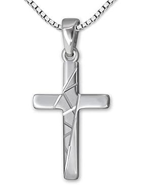 CLEVER SCHMUCK-SET Silbernes kleines Kreuz 18 mm schmale Balken, innen seidenmatt schräg angeordnetes Muster mit...