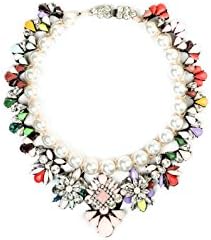 Womens Fashion Necklace - Statement Flower Embellish with String of Pearls Pendant Chain Womens Colorful Rhinestone Crystal Costume Jewelry Bib Statement Choker Necklace