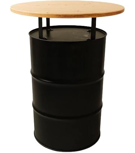 Stehtischtonne Schwarz Mit Holzplatte 59cm – Industrial Bartisch Hochtisch Tonnentisch Barrel Ölfass Stehtisch