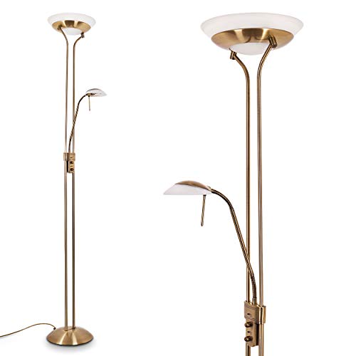 Preisvergleich Produktbild Dimmbarer Deckenfluter SALTUM aus Metall Altmessing mit verstellbarem Lesearm – Stehleuchte für Schlafzimmer – Wohnzimmer – Büro – Fluter und Leseleuchte sind getrennt voneinander schalt- und dimmbar