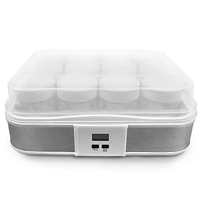 Todeco - Yaourtière, Machine pour Yaourt Fait Maison - Capacité par Pot: 0,21 L - Puissance électrique: 21,5 W - 12 Pots, avec minuteur, 30,6 x 25 x 12,4 cm, Blanc