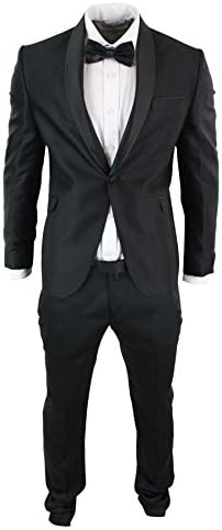 Mens Slim Fit 1 Button Tuxedo Dinner Full Suit Shiny Satin Shawl Round Collar - Black, 40UK/US & 50EU-Jacket, 34-Pants