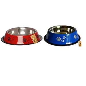 Foodie Puppies Stainless Steel Combo Offer Paw Bone Printed Radiant Red and Azure Blue Food Water Feeding Bowl for Dogs & Puppies (Medium, 700ml Each)