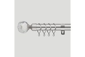 HOME TREATS Extendable Curtain Pole | Crystal Metal Curtain Pole Set 25mm | Includes Rings, Finials, Brackets & Fittings. (40cm to 218cm, Satin Nickel)