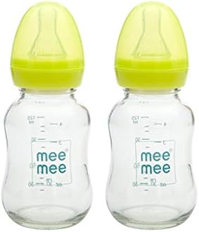 Mee Mee Anti-Colic Slim/Regular Neck Essential Premium Glass Feeding Bottle for Baby/New Born/Infants/Toddler, Green (120 ml, Pack of 2)
