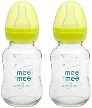 Mee Mee Anti-Colic Slim/Regular Neck Essential Premium Glass Feeding Bottle for Baby/New Born/Infants/Toddler, Green (120 ml, Pack of 2)