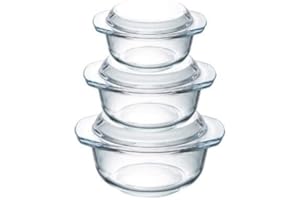 KARADROVA Set of 3 Glass Casserole Dishes with Lid, 1+1.4+1.7L Round Lidded Casserole Dish & Handles Oven Proof, Microwaveable