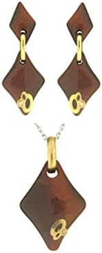 Set Earrings and Pendant Yellow Gold 18 Kt Tiger Eye And Diamond 0.009 ktes