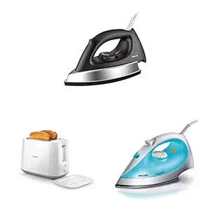 Philips GC181 Heavy Weight 1000-Watt Dry Iron & HD2582/00 830-Watt 2-Slice Pop-up Toaster (White) & 200-Watt Steam Iron (Color May Vary)