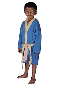 Aspire Woven Velour Hooded Bathrobe for 3 to 5 Year Old Kids, Full Sleeve, 100% Combed Cotton, Blue & Beige Color Combo