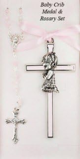 Girl Crib Cross and Rosary set Cross is 3 1/2 inches great baptism christening gift keepsake gift by KeegansCatholicTreasures