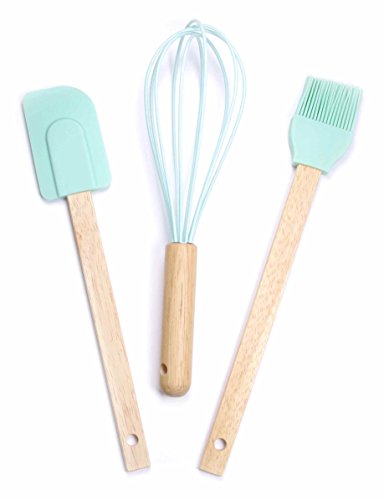 3-teiliges Silikon Küchen- und Back Set in Pastelltönen – Schneebesen, Teigschaber und Pinsel mit Holzgriff (Mintgrün)
