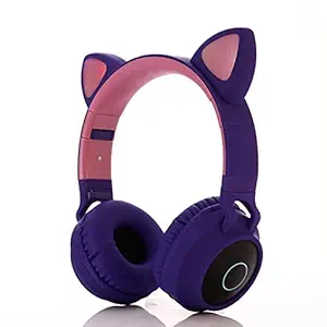 WK LIFE BORN TO LIVE K9 Kids Headphones with Mic for Birthday Gift Girls Boys Cat Ear Bluetooth, Foldable LED Light Up Headphones Over On Ear for Online Learning School Purple