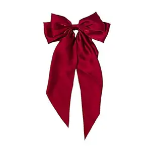 Ginoya brothers Silky Satin Hair Barrettes Clip for Women Large Bow Hair Slides Metal Clips French Barrette Long Tail Soft Plain Color Bow knot Hairpin Holding Hair Accessories. (RED)