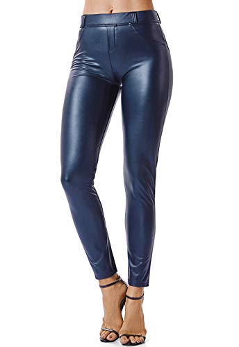 FITTOO Mujeres PU Leggins Cuero Brillante Pantalón Elásticos Pantalones para Mujer Azul M