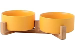SP SEMPRE + doppie ciotole in ceramica per cani medi da 15.5cm l'una in bambù, 2x850ml rialzate e sollevate da terra con base antiscivolo (DOPPIE 15.5 CM, GIALLO)