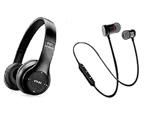 NEXONIC P47 Wireless Bluetooth Headphones 5.0+EDR with Volume Control, HD Sound and Bass, Mic, SD Card Slot and (Black) & Magnet Bluetooth Headsets (Black) Combo