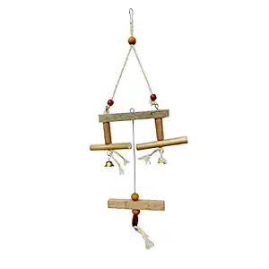 Foodie Puppies Triple Hanging Wood and Sisal Twine Medium Bird Toy for Parrots, and pet Birds, with Ringing Bell Toy for Birds