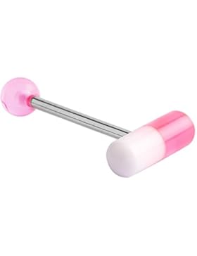 Zungenpiercing Acryl-Pille Bars | Pink Pille | Edelstahl Bar | 1,6mm Gauge | 16mm Länge | Untere Kugel 5mm...