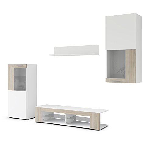 Vladon Combinaison Murale Movie, Corps en Blanc Mat/Façades en Blanc Mat avec Une Bordure en Avola-Champagne